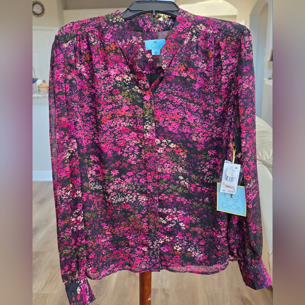 CeCe Women's Pink and Black Floral  Plus Size Blouse